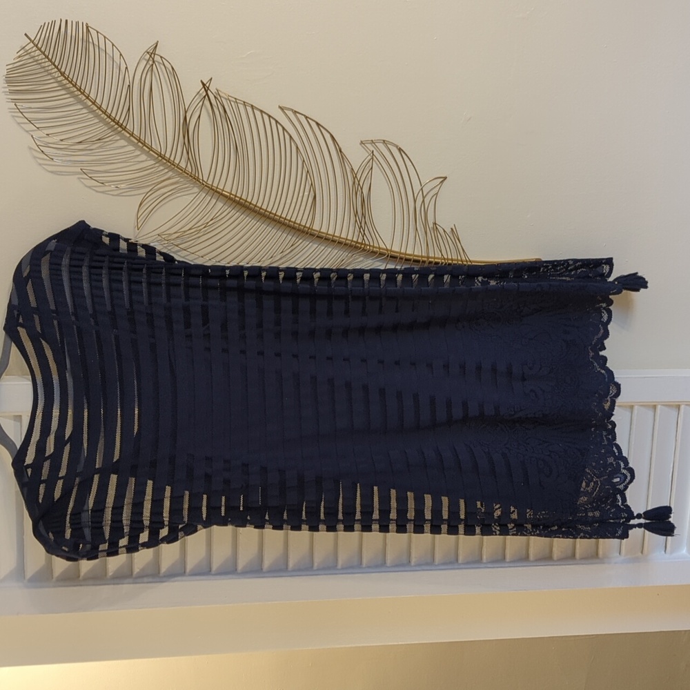 Lilly Pulitzer Adria Dress Navy Blue Mesh Stripe Tassel, XS - Picture 5 of 6